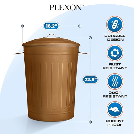 Plexon Round Trash Can 13 Gallon, Vintage Metal Outdoor Trash Can with Lid, Retro Farmhouse Garbage Container, Old School Modern Ash Bucket, Copper 2 Pack