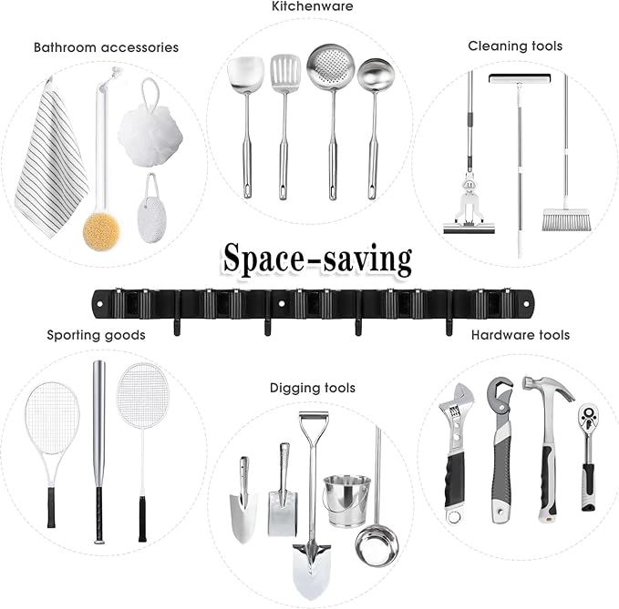 Black 5 Racks and 4 Hooks Mop and Broom Holder Wall Mount, Broom Organizer Storage Tool Racks Stainless Steel Heavy Duty Hooks Self Adhesive Solid Non-slip for Home Kitchen Garden Laundry Garage