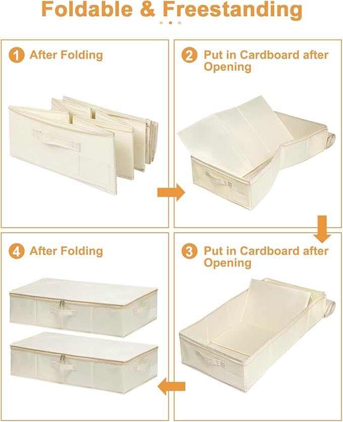 Under Bed Storage, 2 Pack Clothing Storage Bags W/Upgraded Handles, Large Capacity Underbed Shoe Container Organizer, Breathable Dorm Essentials Bins for Blanket, Pillows, Comforters & Quilts, Beige