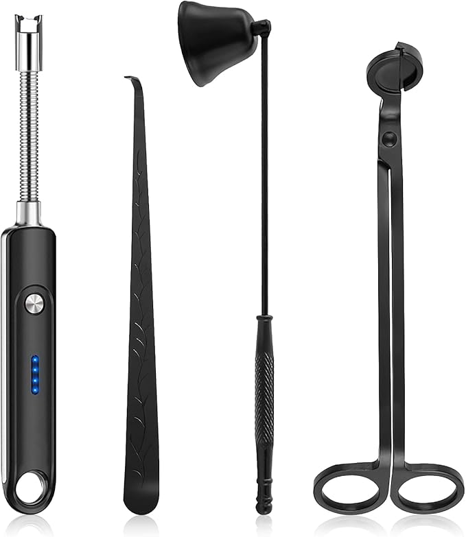 Lsnisni Candle Wick Cutter and Trimmer Set, Electric Lighter, Wick Dipper - Black, 4-Piece, Mom Birthday Gift