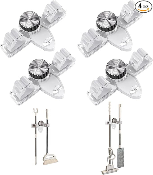Mop and Broom Holder Wall Mount, No Punching Required Broom and Mop Organizer Wall Hanging with Hooks for Bathroom, Laundry Room, Garage, Kitchen,Garden Tool Organizer Storage (4pcs Transparent)