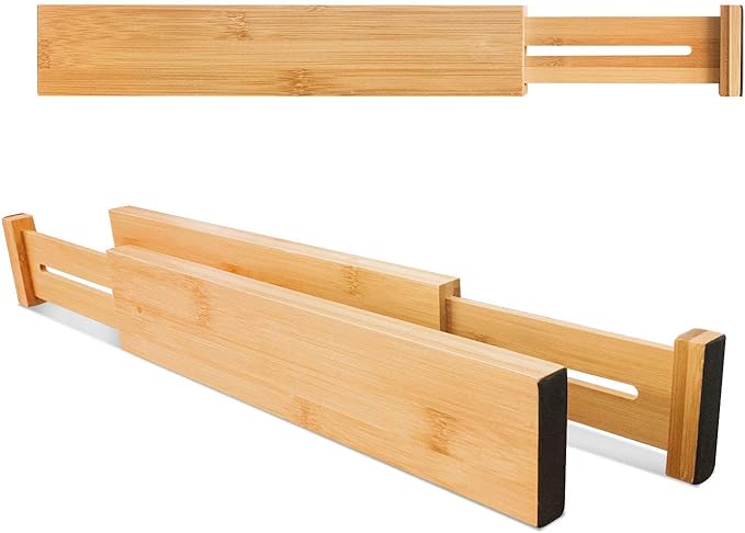 VaeFae Adjustable Bamboo Drawer Dividers, Expandable Drawer Organizer for Kitchen, Bedroom, Bathroom, Dresser and Office, 6-Pack