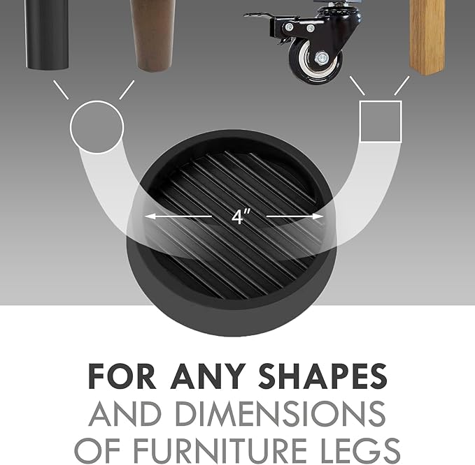 4X4 Round Rubber Caster Cups, Non Slip Furniture Pads, Anti-Slip Gripper, Anti Skid Furniture Feet, Anti Slide Floor Protector for Bed Couch Table Chair Stoppers (Black, 4 Pack)