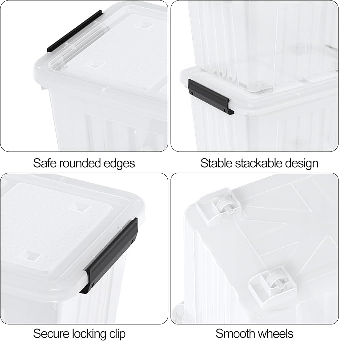 Zopnny 50 Quart 4 Pack Plastic Storage Container with Lid, Wheeled Clear Storage Latch Boxes