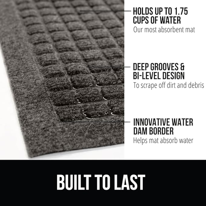 GORILLA GRIP Front Door Mat, Indoor Outdoor Ultra Absorbent HydroAbsorb Doormat, Absorbs Up to 1.7 Cups of Water, Stain and Fade Resistant, Rubber Backing Doormats, Captures Dirt, 29x17 Charcoal