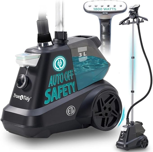 True & Tidy® Heavy-Duty Industrial Standing Garment Steamer for Clothes, 1800 watts, Extra Large 3L water tank 90+ mins of Steam Time (Matte Black, Smart Auto-Off Commercial Garment Steamer)