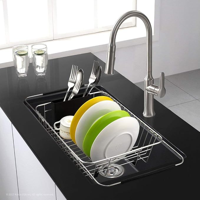 SANNO Expandable Dish Drying Rack,Dish Drainer,Dish Plate Holder Basket in Sink or On Counter with Utensil Silverware Storage Holder, Over The Sink,Rustproof Stainless Steel