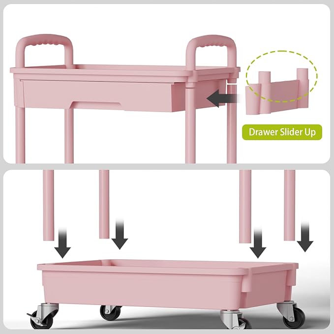 5 Tier Rolling Cart Organizer,Bathroom Cart Organizers with Wheels Laundry Room Organization Mobile Shelving Unit Utility Cart Storage Shelves Multi-Functional for Office, Home(Pink)