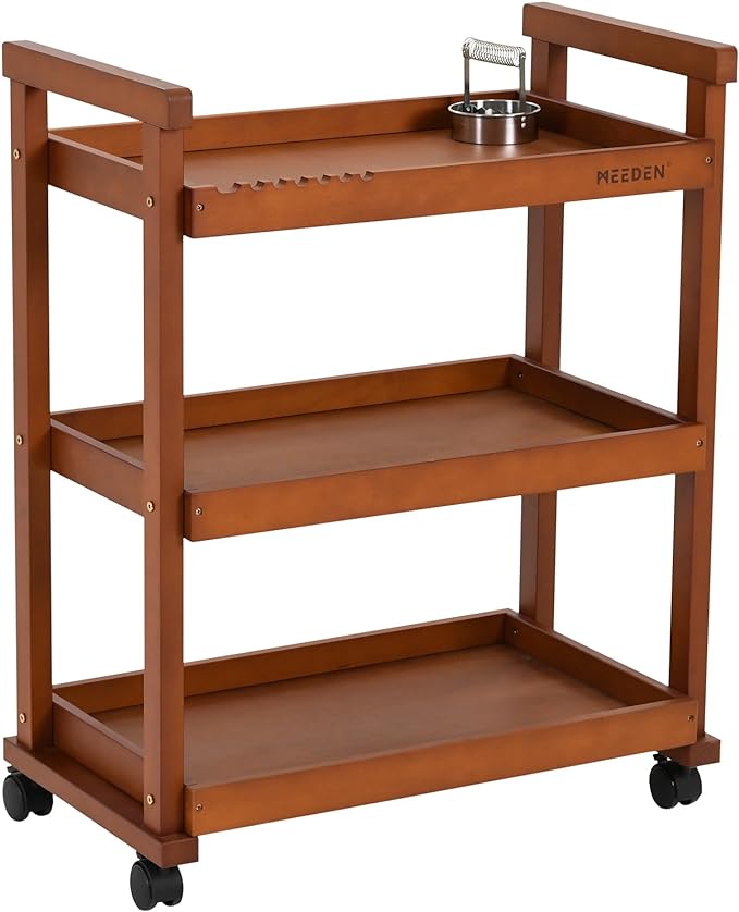 MEEDEN Art Supplies Cart, Walnut 3-Tier Multifunctional Art Storage Cart Organizer, Solid Beech Wood Studio Cart Art Taboret with Caster Wheels, Rolling Utility Cart Organizer for Artist