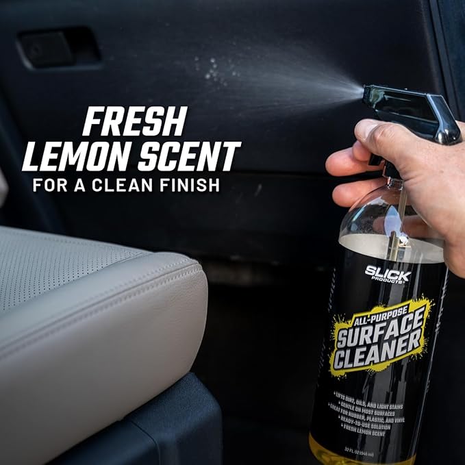 Slick Products All-Purpose Surface Cleaner – Multi-Surface Car Interior & Exterior Cleaner for Vinyl, Plastic, Rubber, Carpet & Upholstery – Fresh Lemon Scent – 32 oz.