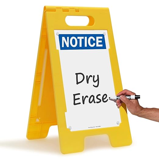 SmartSign 25 x 12 inch “Notice” Write-On Two-Sided Folding Floor Sign, Dry Erase, Digitally Printed Polypropylene Plastic, Multicolor, Made in USA