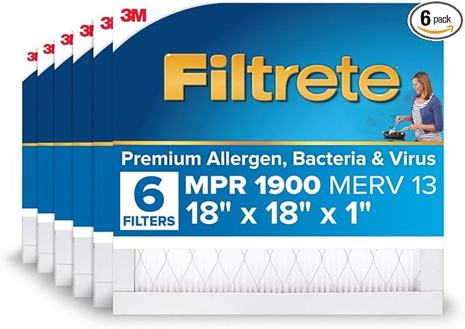 Filtrete 18x18x1 AC Furnace Air Filter, MERV 13, MPR 1900, Premium Allergen, Bacteria & Virus Filter, 3-Month Pleated 1-Inch Electrostatic Air Cleaning Filter, 6-Pack (Actual Size 17.81x17.81x0.78 in)