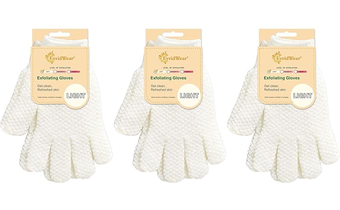 Evridwear Exfoliating Gloves for Shower, 100% Nylon Thick Soft Medium Heavy Bathing Gloves Dead Skin Remover Body Scrubber Smooth Skin with Hang Loop, 3 Pairs Light White
