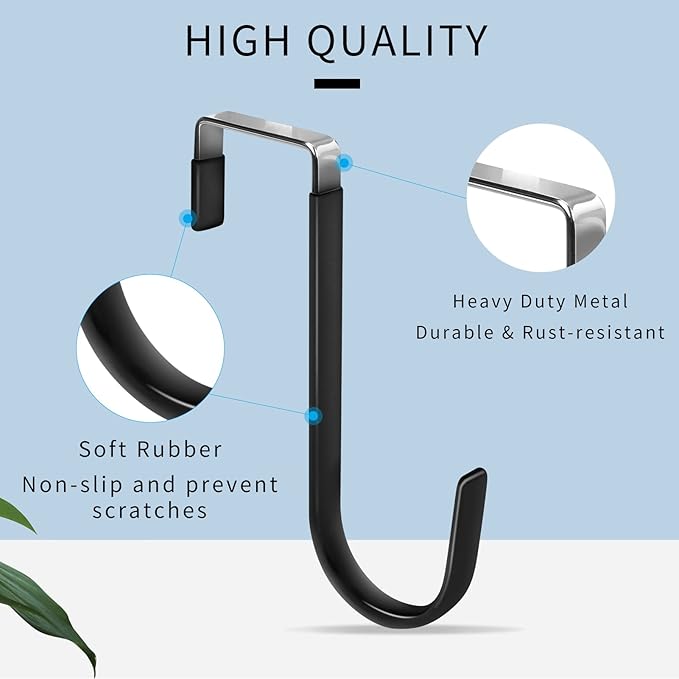 FYY Over the Door Hooks, 4 Pack Door Hangers Hooks with Rubber Prevent Scratches Heavy Duty Organizer Hooks for Living Room, Bathroom, Bedroom, Kitchen Hanging Clothes, Towels, Hats, Coats, Bags Black