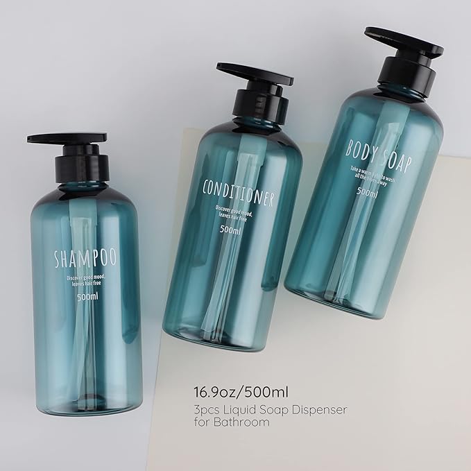 Segbeauty Shampoo Bottles with Pump, 16oz Empty Refillable Shower Bottle, 3 Pack 500ml Plastic Reusable Squeeze Lotion Dispenser for Shampoo and Conditioner Body Wash Liquid Soap Gel Bathroom Hotel