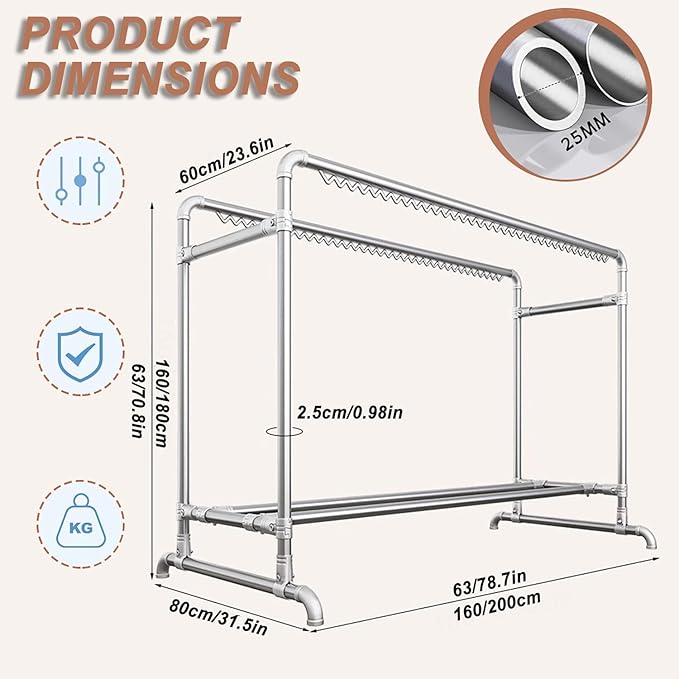 Clothes Drying Rack with Windproof Hooks, 63 inch Drying Rack Clothing Indoor Outdoor, Free Standing Metal Clothes Rack