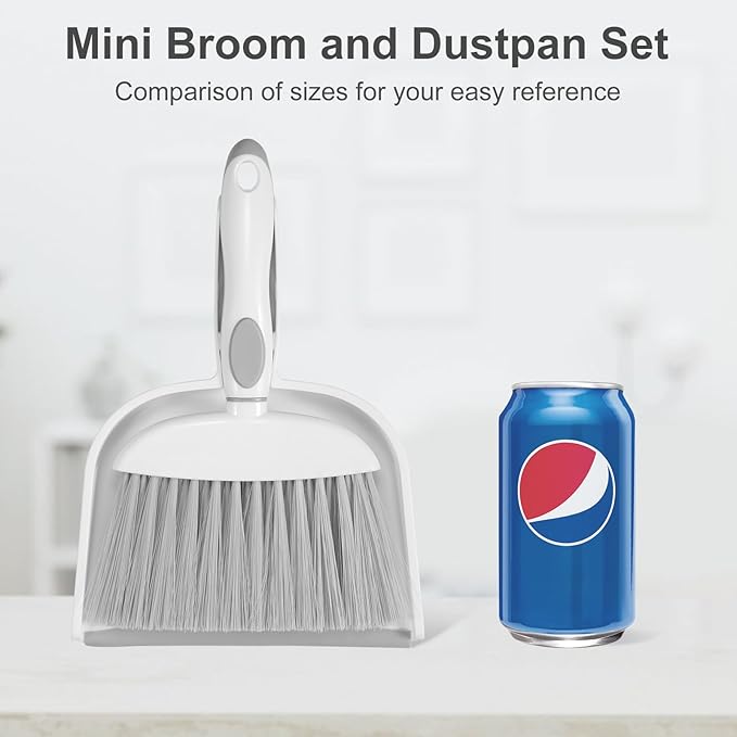 NACENA Small Dust Pan and Brush Set, Mini Broom and Dustpan Set Small Hand Broom and Brush Combo Dust Pan with Teeth for Home Cleaning Drawers Desktop Sofas Pet Care and Outdoor, White & Gray