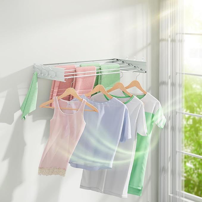 Wall Mounted Drying Rack 31.5", Foldable Clothes Drying Rack with 6 Towel Hooks and 5 Rods for Hanging Clothes, Space Saving Laundry Rack for Indoor Outdoor Bathroom Balcony Laundry Room(31.5")