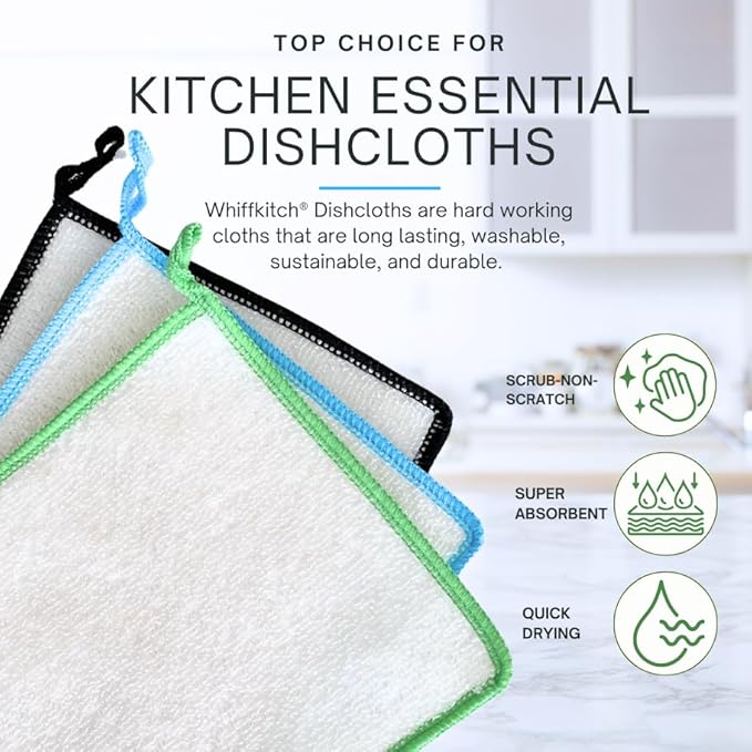 Whiffkitch Dishcloths Dishrags for Kitchen and Household Cleaning 6x7 3-Pack Non-Scratch 2-Ply Weave, Bamboo-Rayon Fabric, Absorbent, Washable, Long-Lasting