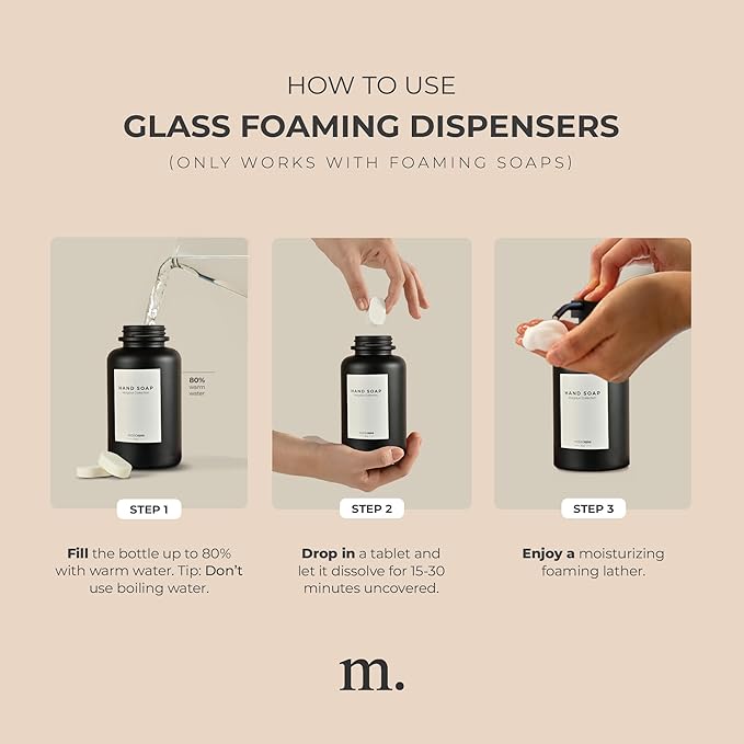 MaisoNovo Glass Foaming Soap Dispenser 14 Oz | Black Glass Black Pumps x 2