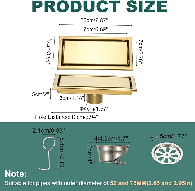 uxcell Rectangular Shower Drain, Brushed 304 Stainless Steel Odor-Proof Floor Drain Linear Shower Drain Hair Catcher for Bathroom Kitchen and Laundry Room(8 Inch, Gold)