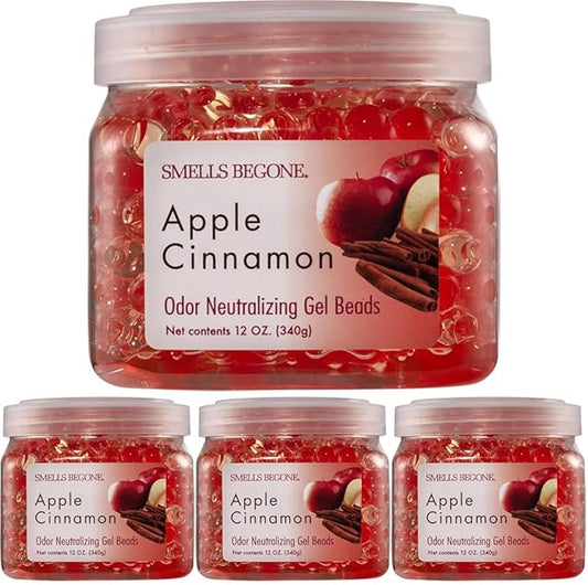 SMELLS BEGONE Odor Eliminator Gel Beads - Air Freshener - Eliminates Odor in Bathrooms, Cars, Boats, RVs and Pet Areas - Made with Essential Oils - Apple Cinnamon Scent - 12 Ounce (Pack of 4)