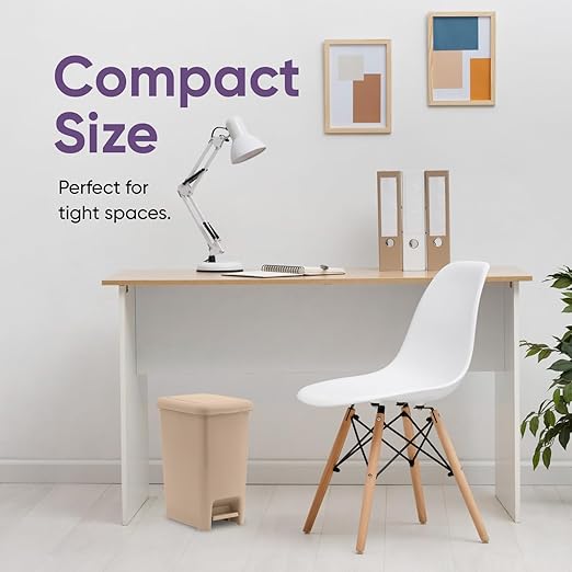 Superio 2.5 Gal Slim Step On Pedal Plastic Trash Can, Waste Bin for Under Desk, Office, Bedroom, Bathroom- 10 Qt, Beige
