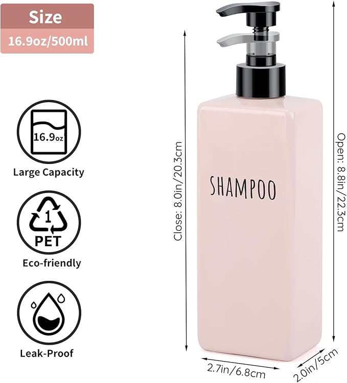 Segbeauty Refillable Shampoo and Conditioner Bottles, 3pcs 16.9oz Square Plastic Bathroom Soap Dispenser Set, 500ml Empty Shower Bottles Lotion Dispenser Press Pump Bottle for Modern Home Decor Pink
