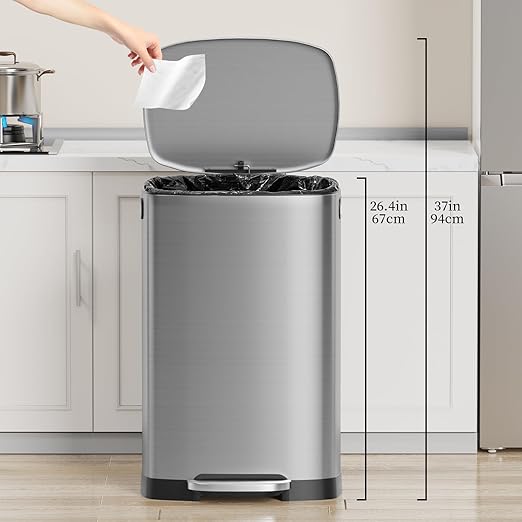 13 Gallon Trash Can with Lid, 50L Fingerprint Proof Stainless Steel Kitchen Trash Can with Removable Inner Bucket and Lid Soft Close, Pedal Rubbish Bin for Home Office（Silver）