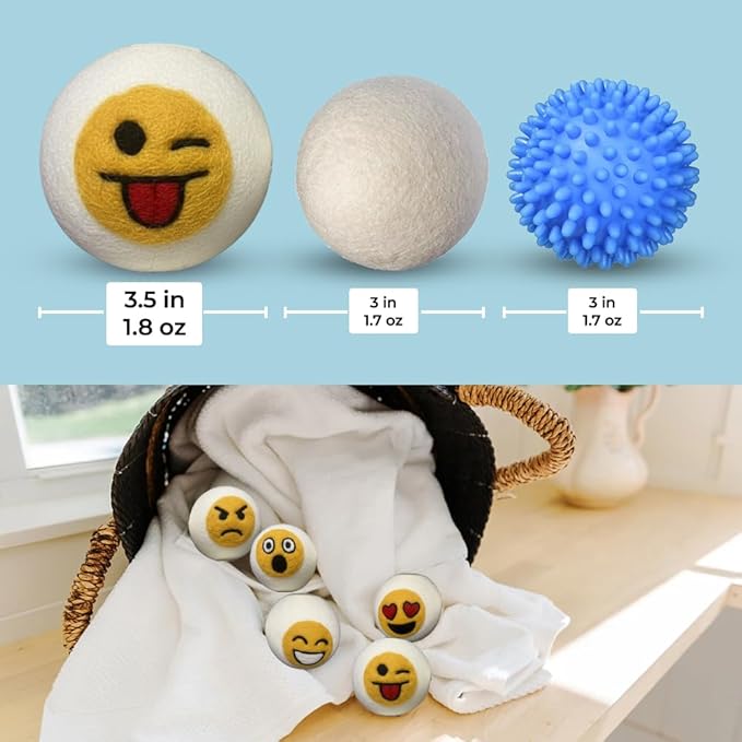 Ezhippie Quality Wool Dryer Balls - 6 XL Emoji Pack - 1000+ Loads - Pure Organic Wool - Reusable Natural Fabric Softener Perfect with Essential Oils, Reduce Clothing Static and Wrinkles