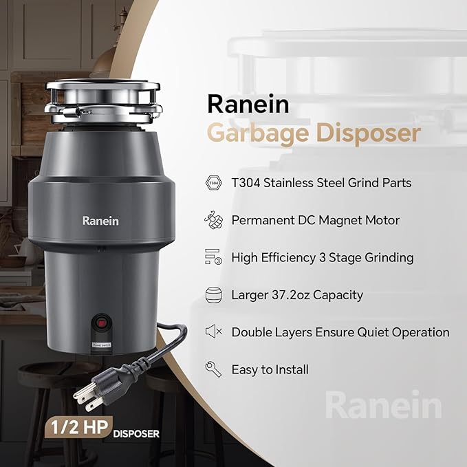 Upgraded 1/2 HP Garbage Disposal with Power Cord, Quiet & Powerful Stainless Steel Grinding System, Continuous Feed Kitchen Sink Waste Disposer – DeepCut Series