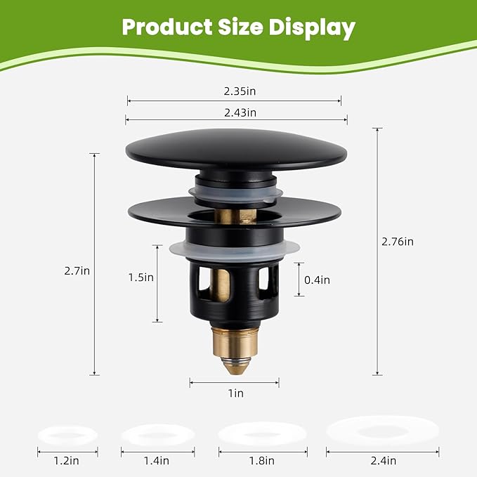 Universal 2PCS Bathroom Sink Stopper 2 in 1 Pop Up Metal Sink Drain Strainer with Hair Catcher, Fit for 1.1~2.36" Sink Basin Hole, Big Cover Cap, Anti-clog, Matte Black