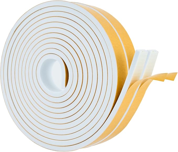 High Density Foam Weather Stripping Door Seal Strip Insulation Tape Roll for Insulating Door Frame, Window, Air Conditioner | Self Adhesive Sealing Weatherstrip (White, 1 in x 1/4 in x 30 Ft)