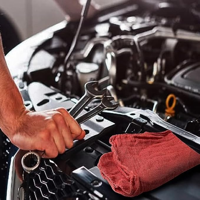 Shop Towels (Red, 18 Rolls of 12 Pieces) Bulk Cleaning Towel in a Pack, Mechanic Cotton Wipes for Car Maintenance, Auto Mechanics & Garage, Wipe Grease & Oil, Machine Wash & Reusable