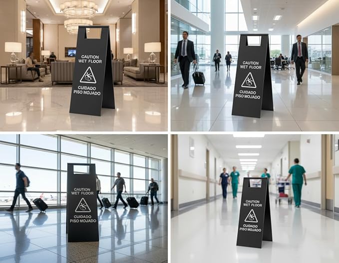 2 Pcs Wet Floor Sign, 24 Inch Black Stainless Steel Caution Wet Floor Sign Double Sided Foldable Bilingual Commercial Safety Warning for Hotel Market Restroom Restaurant Office