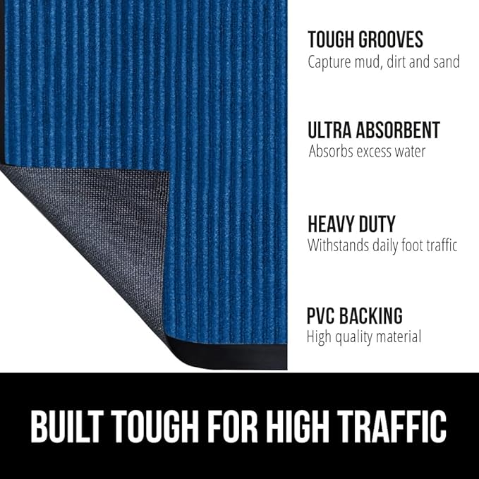GORILLA GRIP Traffic Guard Door Mat, 47x35, Heavy Duty Welcome Mats, Commercial Office Space Doormat, Waterproof, Fade Resistant, Strong Rubber Backing, Low Profile, Shoe and Boot Scraper, Blue