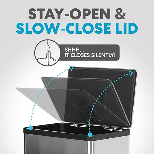 SIMPLI-MAGIC 50 Liter / 13.2 Gallon Soft-Close, Smudge Resistant Trash Can with Foot Pedal and Built in Filter- Stainless Steel, Sleek Finish