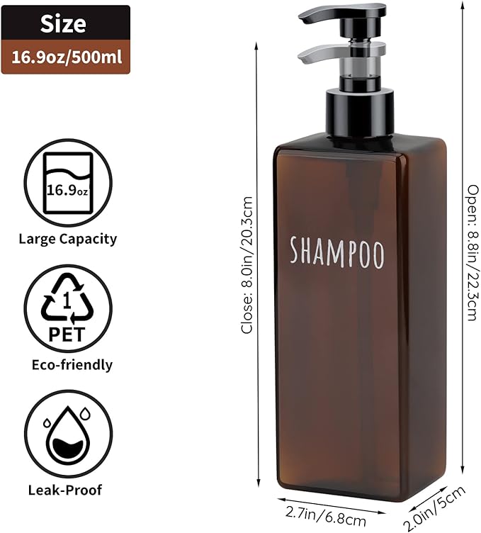 Segbeauty 16.9oz Lotion Dispenser, 3pcs Refillable Square Shampoo Bottles with Pump, 500ml Empty Plastic Bathroom Shower Bottles Liquid Soap Container Body Wash Dispenser for Home Hotel Travel Amber