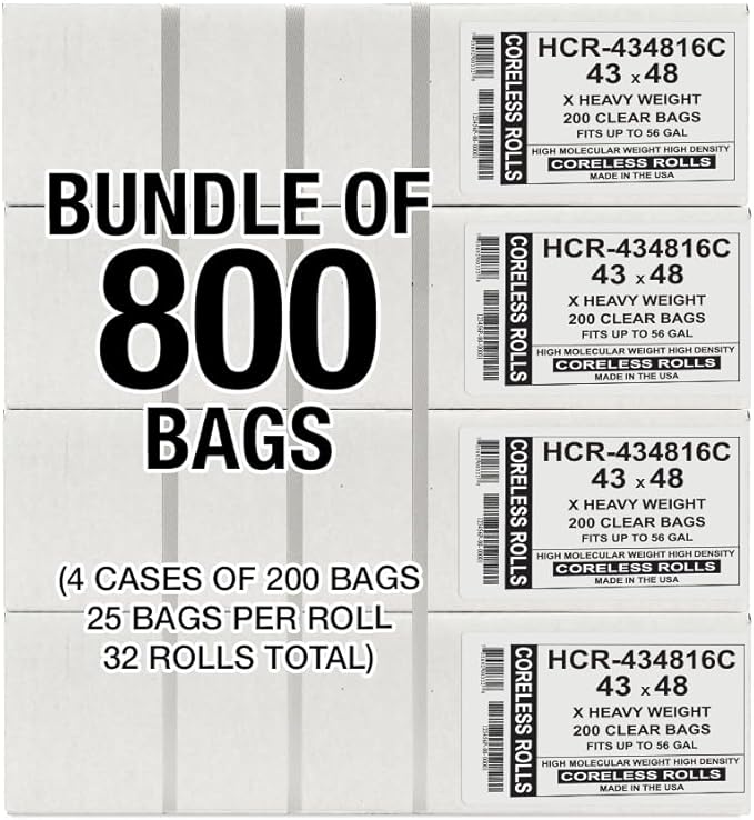 Aluf Plastics High Density Trash Bags, 56 Gallon, 800 Count, 16 Micron (eq), 43" x 48", Clear, for Bathroom, Office, Industrial, Commercial, Janitorial, Municipal, Recycling
