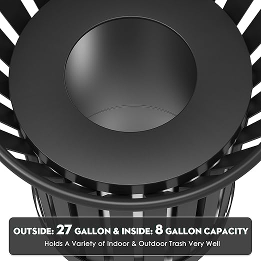 8Gallon Round Large Outdoor Trash Can, Heavy Duty Metal Slatted Garbage Can Outdoor, All Weather Resistant Commercial Garbage Cans, Waste Receptacle in Park, School, Beach, Patio (Black, Medium)