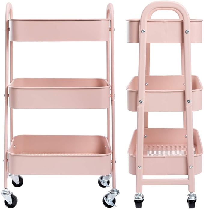 AGTEK Makeup Cart, Movable Rolling Organizer Cart, 3 Tier Metal Utility Cart, Rosiness