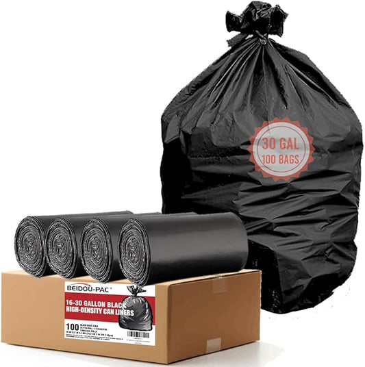 30 Gallon Trash Bags, 100 Count Black Garbage bags, Multi-purpose Trash Can Bin Liners for Bathroom, Office, Industrial, Commercial, Janitorial, Municipal, Recycling