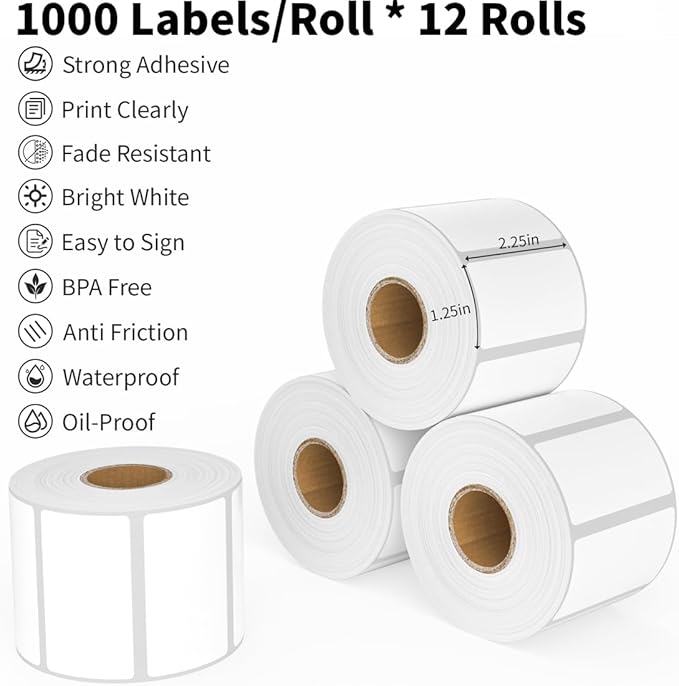 Thermal Labels 2.25 x 1.25, Adhesive Label Stickers 12 Rolls 12000 Label Papers for Barcode, FNSKU, Mailing, Shipping, Compatible with Zebra, Rollo and More Thermal Printers