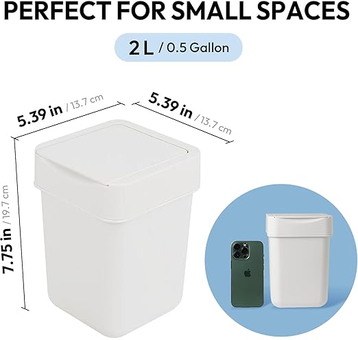 carrotez Mini Trash Can, Countertop Trash Can with Lid, 2 Liter/ 0.5 Gallon, Waste Basket, Garbage Container for Coffee Bar, Bathroom, Kitchen, Office, Desk, Bedroom - White
