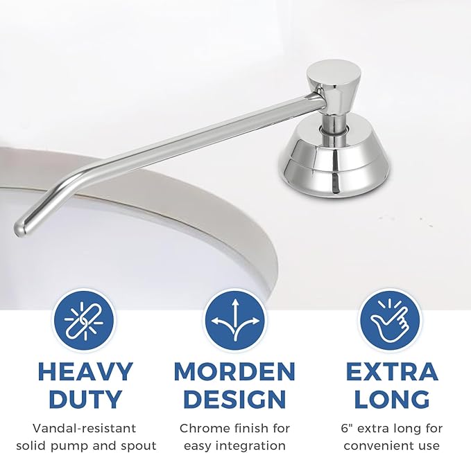 Heavy Duty Brass Countertop Liquid Soap Dispenser, Commercial Grade Top Fill Built-in Soap Dispenser with 34 oz/ 1L Bottle for Bathroom, Kitchen, Public Restroom, Chrome Finish, 6” Spout