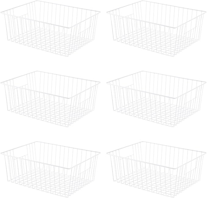 Upright Freezer Organizer Bins，Freezer Storage Baskets for 16, 17, 21 cu.ft Standup Freezer, Wire Storage Baskets with Built-in Handles, 6Pcs , White