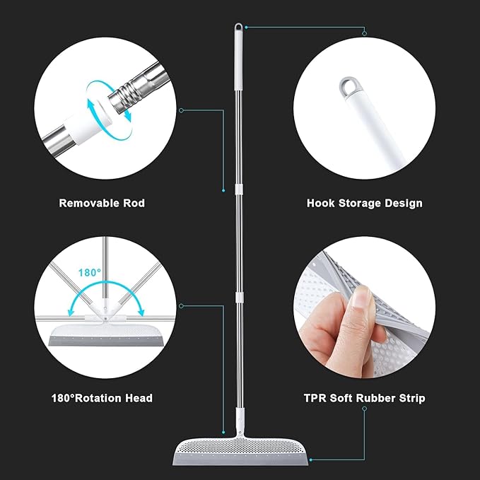 Rubber Squeegee Broom for Floors, 51.77" Long Handle Multi-Surface Magic Broom, Pet Hair Remover Scraper for Laminate Carpets, Windows, Mirrors, Rugs, Hardwood, Tile Cleaning