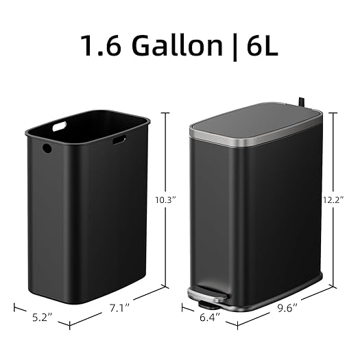 Stainless Steel Bathroom Trash Can with Lid Soft Close,1.6 Gallon Slim Garbage can,Small Metal Step Wastebasket for Office, Bedroom, Toilet, Black