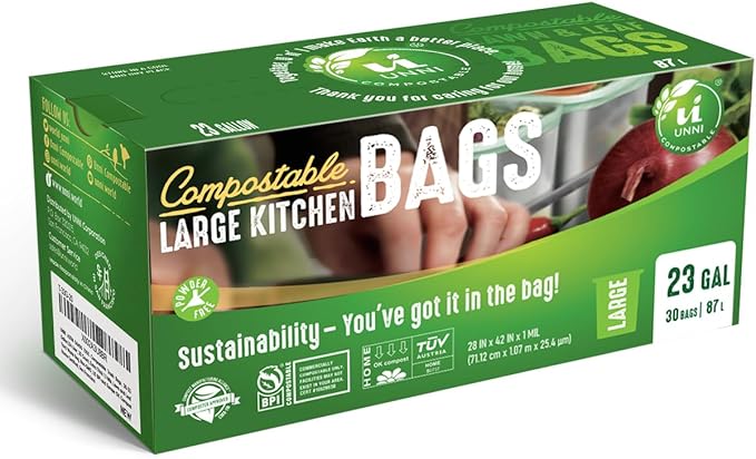 UNNI Compostable Trash Bags, 20-23 Gallon / 87 Liter, 30 Count, Extra Thick 1.0 mil Large Bin Liners for Food Scrap, BPI, CMA & OK compost HOME Certified, Meets ASTM D6400