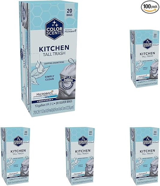 Color Scents Tall Kitchen Trash Bags - 13 Gallon, 20 Bags (5 Pack of 20 Count), Drawstring - Silver Bag in Simply Clean Scent with Microban